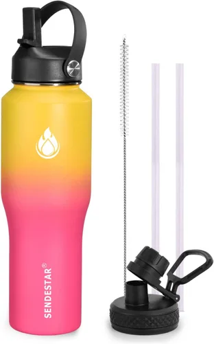 Vista 17 de SENDESTAR - Botella de agua de 0,9 L, 2 tapas (tapa con pajita), boca ancha de acero inoxidable aislada al vacío, doble pared, mantiene los líquidos