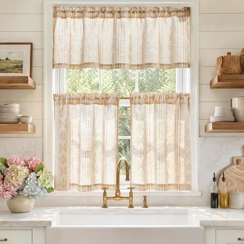 Vista 29 de Jinchan - Juego de cortinas y cenefas de cocina estilo bohemio negro sobre beige y bolsillo para barra Boho Negro sobre Beige