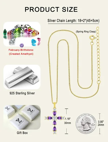 Vista 56 de YL Collar de cruz de plata de ley 925 con colgante de piedra natal religiosa para mujer