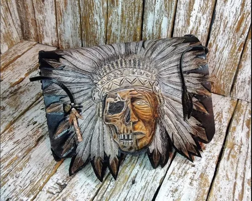 Vista 6 de Cráneo indio, hombre rojo, nativo americano, jefe, tubo, águila calva, lobo gris, bolsa de herramientas de motocicleta de cuero genuino 3D, bolsa