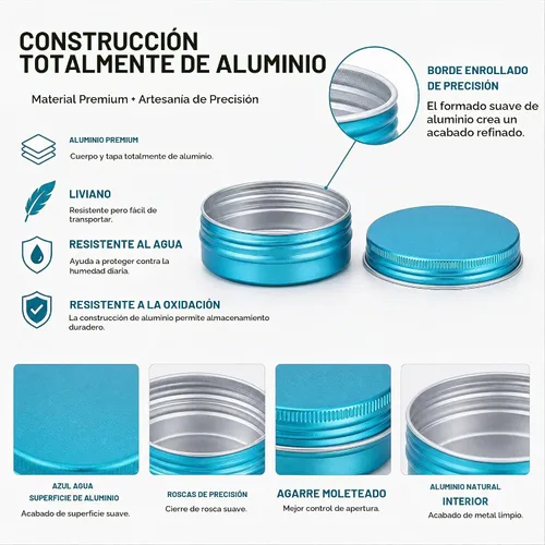 Vista 4 de Latas de aluminio con tapa roscada azul aguamarina de 2 onzas (2 fl oz) con Aqua Blue