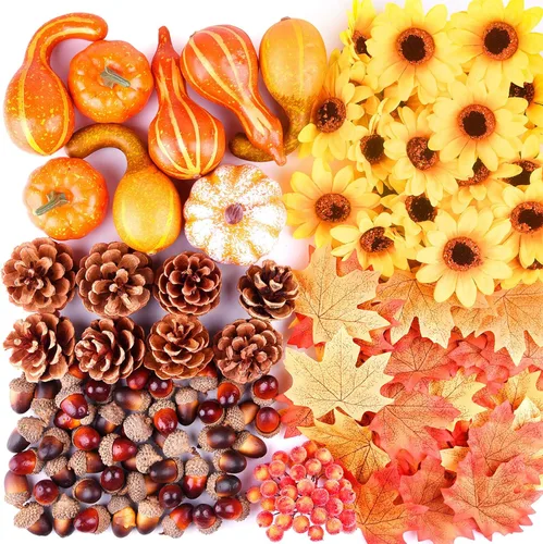 Vista 8 de FEPITO 56 piezas de conos de pino de calabazas de otoño para decoraciones Mini calabazas artificiales, conos de pino, hojas de otoño, bellotas