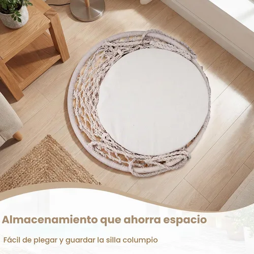 Vista 7 de Happygrill Silla de columpio, hamaca de macramé con cojín de asiento redondo, cuerdas de algodón de poliéster resistentes y anillos de metal Beige