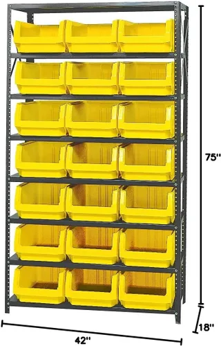 Vista 401 de Quantum QSBU-245BK Heavy Duty Shelving Unit with (7) Shelves and (24) QUS245 Black Bins for Garage Warehouse Storage Distribution 400 lb Load