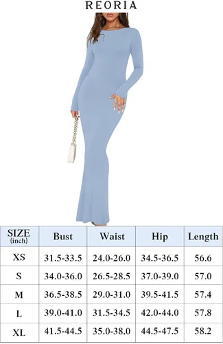 Vista 6 de REORIA Vestido largo sexy con espalda descubierta en V para mujer, para otoño, casual, cuello barco, manga larga, acanalado, bodycon, maxi vestidos
