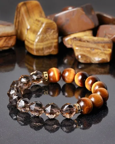 Vista 2 de Jeeless - Pulseras de cuarzo ahumado natural con ojo de tigre amarillo para hombres y mujeres amuleto de energía curativa cristales traer riqueza