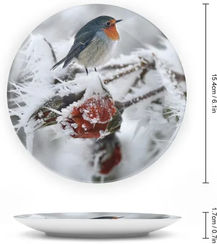 Vista 2 de Bird Robin Snow Hoarfrost - Plato decorativo para colgar decoración del hogar, decoración del hogar, recuerdo, arte de pared, platos de cerámica