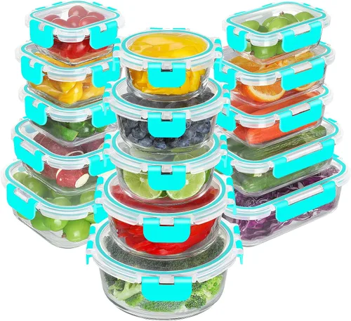 Vista 14 de BAYZZ Juego de 30 piezas de recipientes de vidrio para almacenamiento de alimentos, recipientes de vidrio para preparación de comidas con tapas