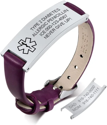 Vista 65 de MPRAINBOW Pulsera de alerta médica personalizada para mujer, correa de reloj de cuero genuino, grabado de doble cara, diabetes, epilepsia, joyería