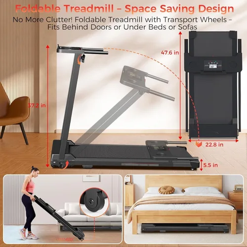 Vista 7 de Cinta de correr para el hogar, caminadora con barra de mango – Cinta de correr plegable portátil de 3.0 HP, capacidad de peso de 350 libras