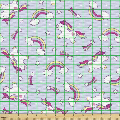 Vista 2 de Ambesonne Tela de fiesta de unicornio por The Yard, patrón de caballo mágico, nubes y estrellas, tela decorativa para tapicería y detalles del Azul