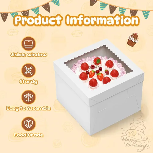 Vista 2 de RYDDOY 3 Pack Cake Boxes with Board, 10x10x8 In Tall Cake Box with Window Soporte para tartas, contenedor de transporte de almacenamiento, fácil