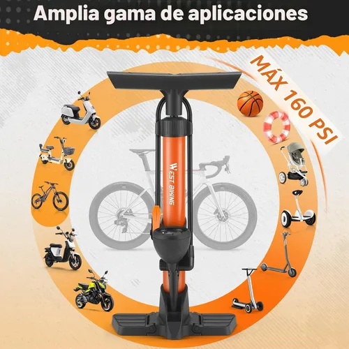 Vista 8 de Bomba de piso para bicicleta, bomba de bicicletas con manómetro, bomba de aire de bicicleta con alta presión de 160 psi, bomba de neumáticos