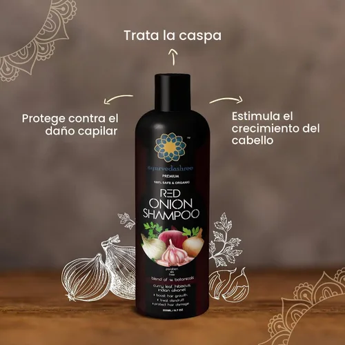 Vista 8 de AYURVEDASHREE Champú de cebolla roja para el crecimiento del cabello y control de caídas del cabello, con hoja de curry, hibisco, alanket indio