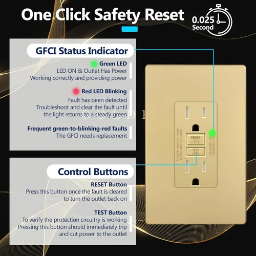 Vista 5 de LIDER GFCI Outlet 15Amp, autocomprobación resistente a manipulaciones Dorado