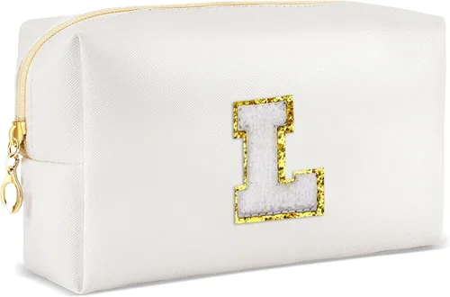 Vista 32 de URSKYTOUS Regalos para niñas, bolsa de maquillaje con inicial, bolsa de cosméticos personalizada con cremallera, bonita bolsa de aseo de viaje, Azul