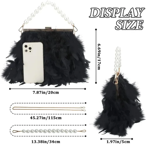 Vista 2 de Bolsos de mano de plumas para mujer, bolsos de noche esponjosos de perlas para boda, aniversario, fiesta