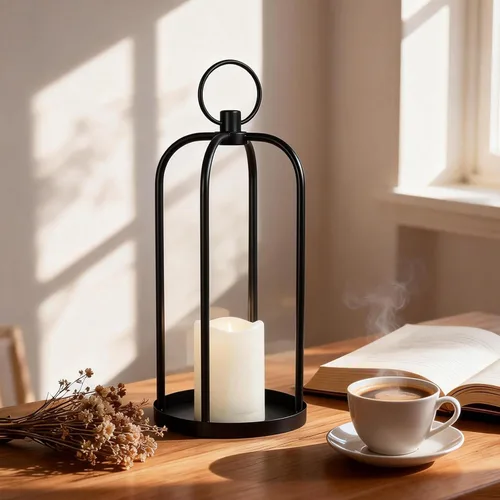 Vista 2 de Farol de Metal Navideño de 15" Faroles de Decoración Navideña para Exteriores con Vela LED Sin Llama Soporte Colgante, Farol Colgante Decorativo