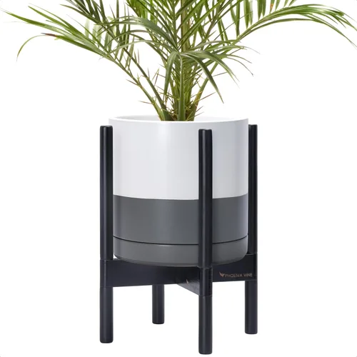 Vista 74 de D'vine Dev Maceta de cerámica con soporte de ébano – Maceta redonda moderna de 8 pulgadas con soporte para maceta de madera, color negro, 55-B-M-2