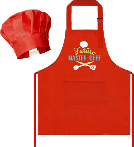 Vista 36 de R HORSE Juego de delantal y sombrero de chef para niños, 2 piezas, mini parrilla ajustable, delantal de cocina para niños, juego de rol, juguete