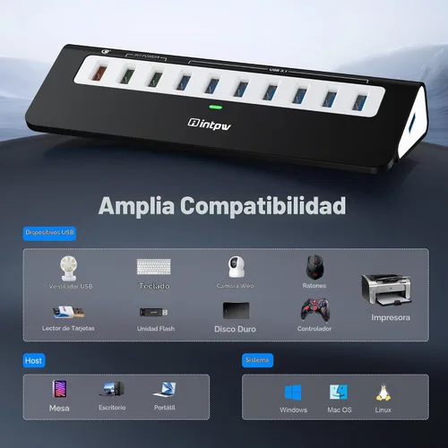Vista 5 de Hub USB alimentado de 10 Gbps, concentrador USB 3.2 Gen 2 de 10 puertos con 7 puertos de datos USB 3.2, 3 puertos de carga rápida, adaptador