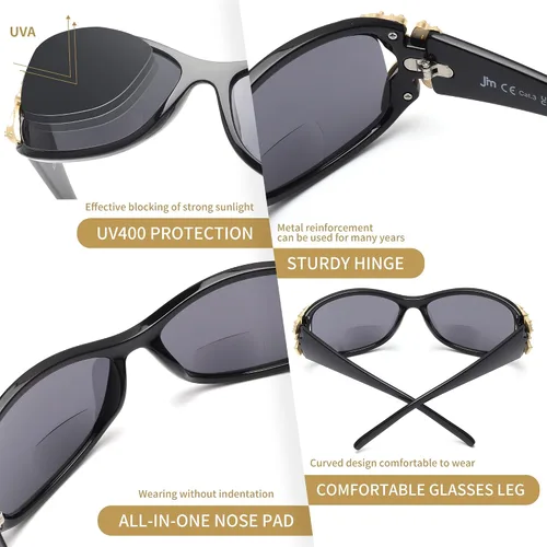 Vista 5 de JM Paquete de 2 lentes de sol de lectura bifocales para mujer, a la moda, para lectura al aire libre, protección UV400 Negro