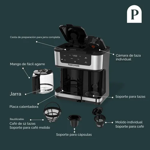 Vista 4 de Pantrymade Cafetera de doble preparación, jarra de vidrio de 12 tazas y combo K-Cup de una sola porción Cafetera con pantalla táctil programable