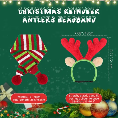 Vista 3 de BWOGUE Conjunto de Diadema de Cuernos de Alce Reno de Navidad para Perro y Bufanda de Rayas Rojo-Blanco-Verde, Disfraz de Navidad para Mascotas