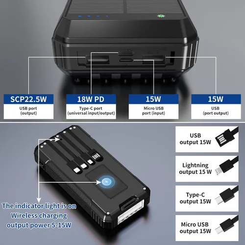 Vista 3 de Banco de Energía Cargador Solar 49800mAh, Carga Inalámbrica Portátil para Teléfono con 4 Cables Incorporados Carga Rápida 22.5W, Puerto