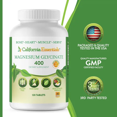 Vista 5 de Glicinato de magnesio 400 – Quelado, Magnesio de alta absorción para – Vegano, sin OMG, sin gluten 120 tabletas (60 porciones, tamaño de porción (2)