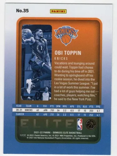 Vista 2 de OBI TOPPIN 2021-22 Donruss Elite #35 NM+-MT+ NBA Basketball Knicks