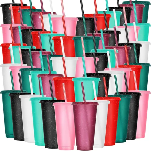 Vista 28 de Honeydak Paquete de 60 vasos con popote y tapa, vasos a granel para regalos, tazas de café de plástico con purpurina de 24 a 27 onzas, botella