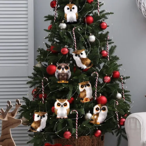 Vista 4 de Sratte Adorno navideño de búho peludo, lindo adorno de animal colgante para árbol de Navidad, fiesta de carnaval (marrón, 12 piezas)