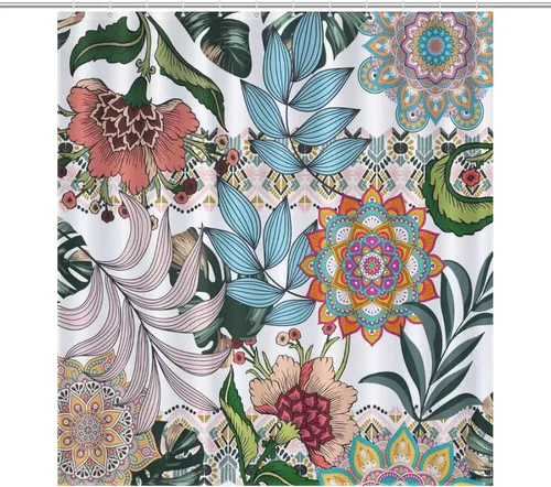 Vista 25 de Cortina de ducha con 12 ganchos para baño, 72 x 72 pulgadas, diseño floral bohemio con hojas tropicales retro y florales (bohemio floral-1)