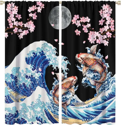 Vista 21 de Koi Fish - Cortinas opacas para cocina, estilo japonés, románticas, con estampado de flores de cerezo, con bolsillo para cortinero, cortinas opacas