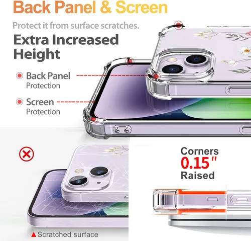 Vista 4 de Funda para iPhone 14, [3 en 1] con protector de pantalla y protector de lente de cámara, diseño de patrón de flores, transparente, suave, a prueba