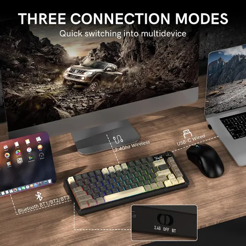 Vista 5 de Redragon Teclado mecánico inalámbrico K751 75% para juegos para PCMac, Bluetooth 5.02.4GHzUSB C teclados cremosos