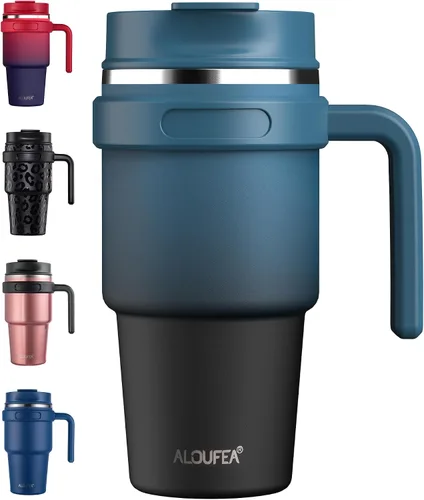 Vista 14 de Taza de café aislada de 20 onzas con asa, vaso de viaje de acero inoxidable con tapa y popote, taza térmica de doble pared al vacío a prueba de Negro