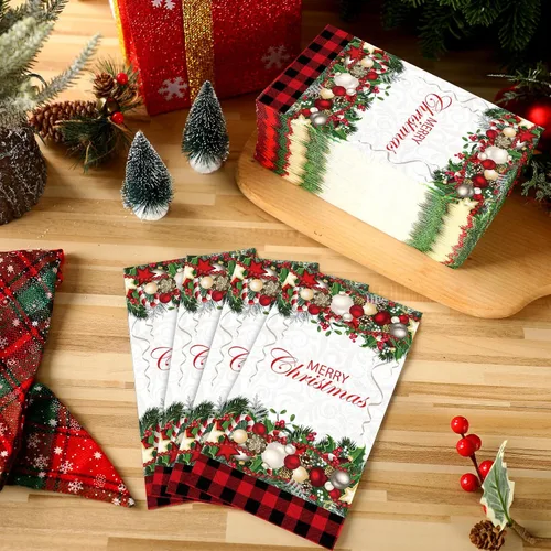 Vista 6 de Cholemy 200 servilletas de papel desechables de papel de 2 capas, diseño de bola de árbol de Navidad, diseño de Papá Noel negro, para cocina y baño