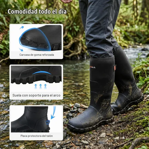 Vista 6 de HISEA Botas de lluvia mejoradas para hombre, botas de goma de neopreno aisladas impermeables con vástago de acero, botas de trabajo duraderas Negro