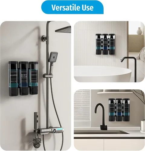 Vista 7 de Dispensador de jabón de ducha sin taladro, dispensador de champú y acondicionador montado en la pared de 3 cámaras para baño, hotel, gran capacidad
