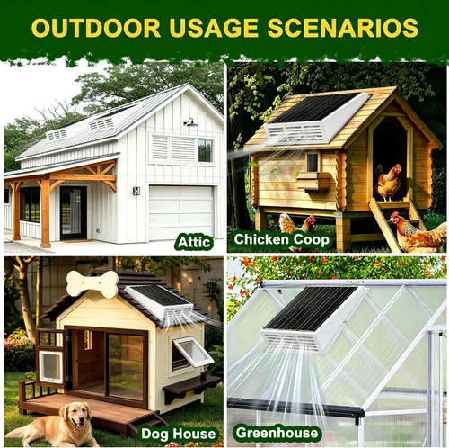 Vista 3 de Ventilador solar de 25 W para gallinero, ventilador de escape solar de 430 CFM con cable adaptador de corriente para ático, cobertizo de perro