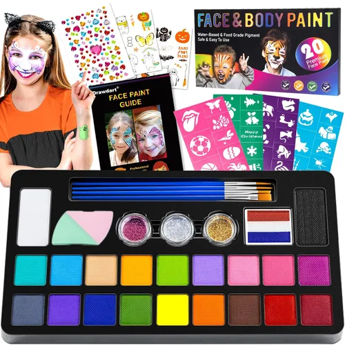 Vista 8 de Kit de pintura facial Drawdart para niños - 15 colores de pintura facial no tóxica a base de agua con plantillas y brochas - Kit de maquillaje