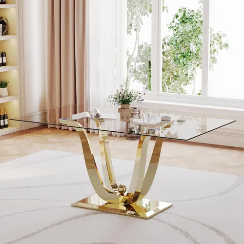 Vista 10 de Mesa de comedor grande de vidrio de 70 pulgadas, moderna mesa de comedor rectangular con parte superior de vidrio templado de 0.39 pulgadas y patas