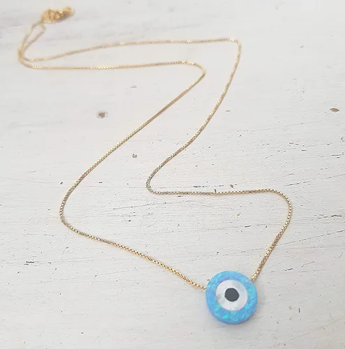 Vista 8 de Blue Opal Evil Eye Necklace,10mm created Opal,14k gold filled chain length 16 inch+ extension