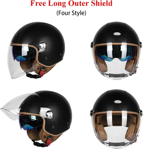 Vista 3 de Cascos de cara abierta para motocicleta, aprobados por el DOT, 3/4, casco para motoneta con visera dual, hebilla de liberación rápida, cascos