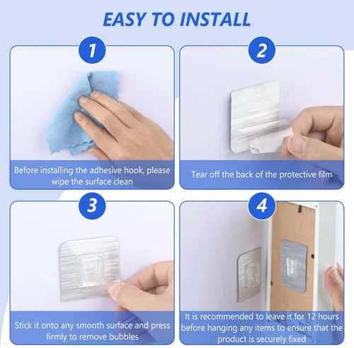 Vista 5 de 30 ganchos adhesivos de pared de doble cara, 15 libras máximo, resistentes, limpios e impermeables para baño, cocina, colgar cuadros