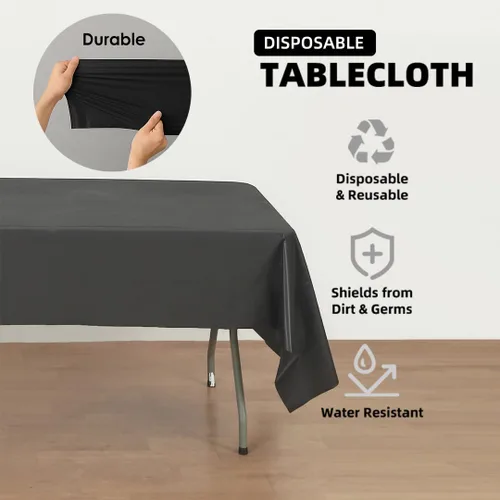 Vista 3 de Paquete de 12 manteles de plástico negro – Cubiertas de mesa desechables de 54 x 108 pulgadas para mesas rectangulares, resistentes y resistentes al