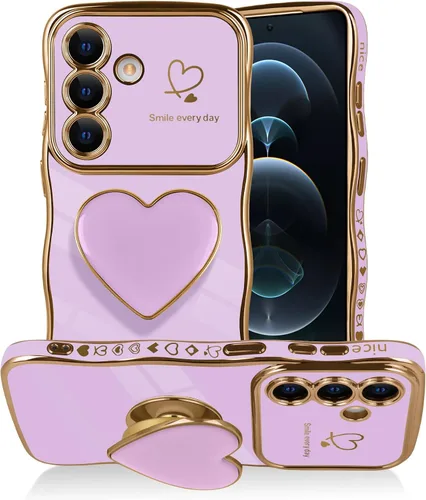 Vista 21 de Funda para Samsung Galaxy S23 Love-Heart Holder Case Cute Black Luxury Wave Frame forma rizada con corazón de amor, cubierta protectora de TPU suave