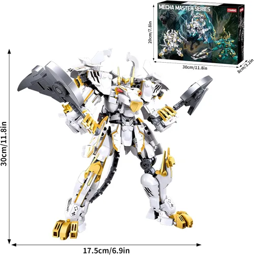 Vista 2 de CSNRHG Modelo de robot mecánico samurái de tigre blanco con doble hacha, bloques de construcción, juego de juguetes de cumpleaños mítico para niños